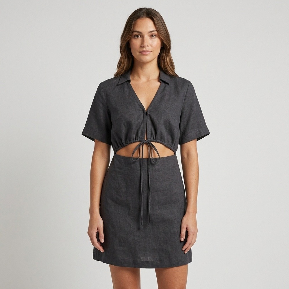 Abercrombie & Fitch Black Linen Blend Cutout Shirt Dress Short Sleeve Small NWT